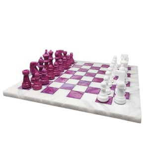 1970s Stunning Pink and White Chess Set in Volterra Alabaster Handmade Made in Italy