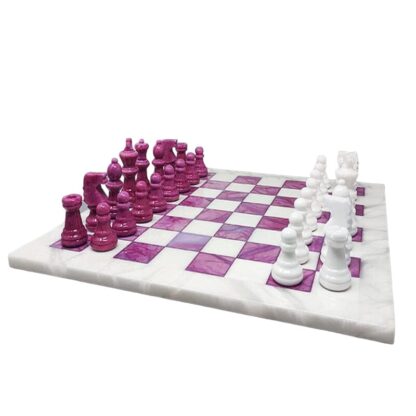 1970s Stunning Pink and White Chess Set in Volterra Alabaster Handmade Made in Italy
