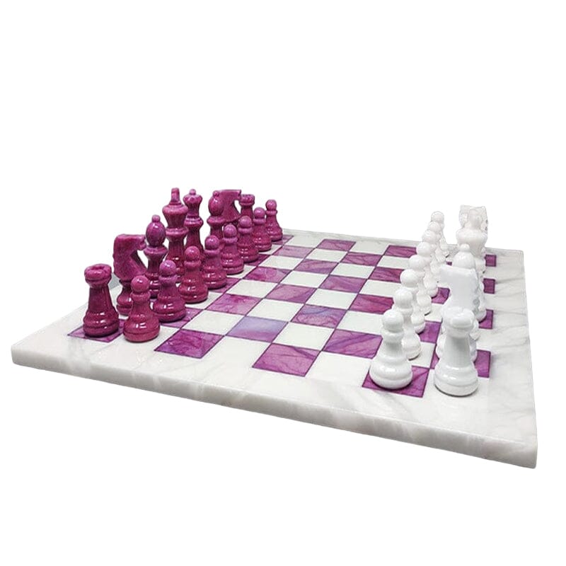 1970s Stunning Pink and White Chess Set in Volterra Alabaster Handmade Made in Italy