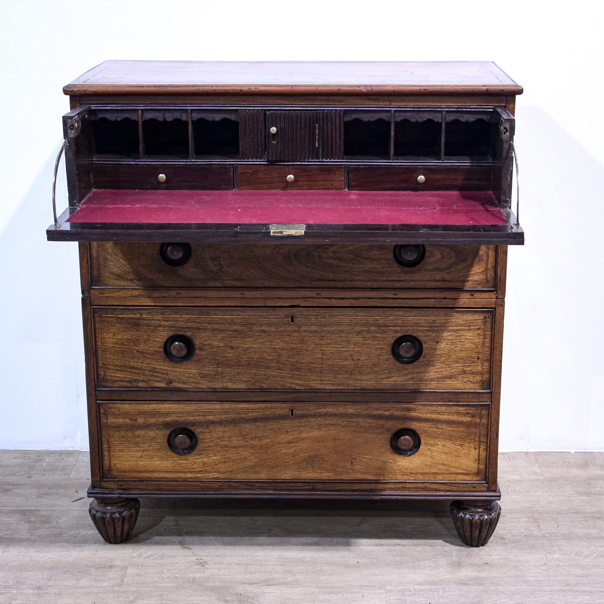 Anglo-Chinese Padouk Secretaire Chest of Campaign Construction