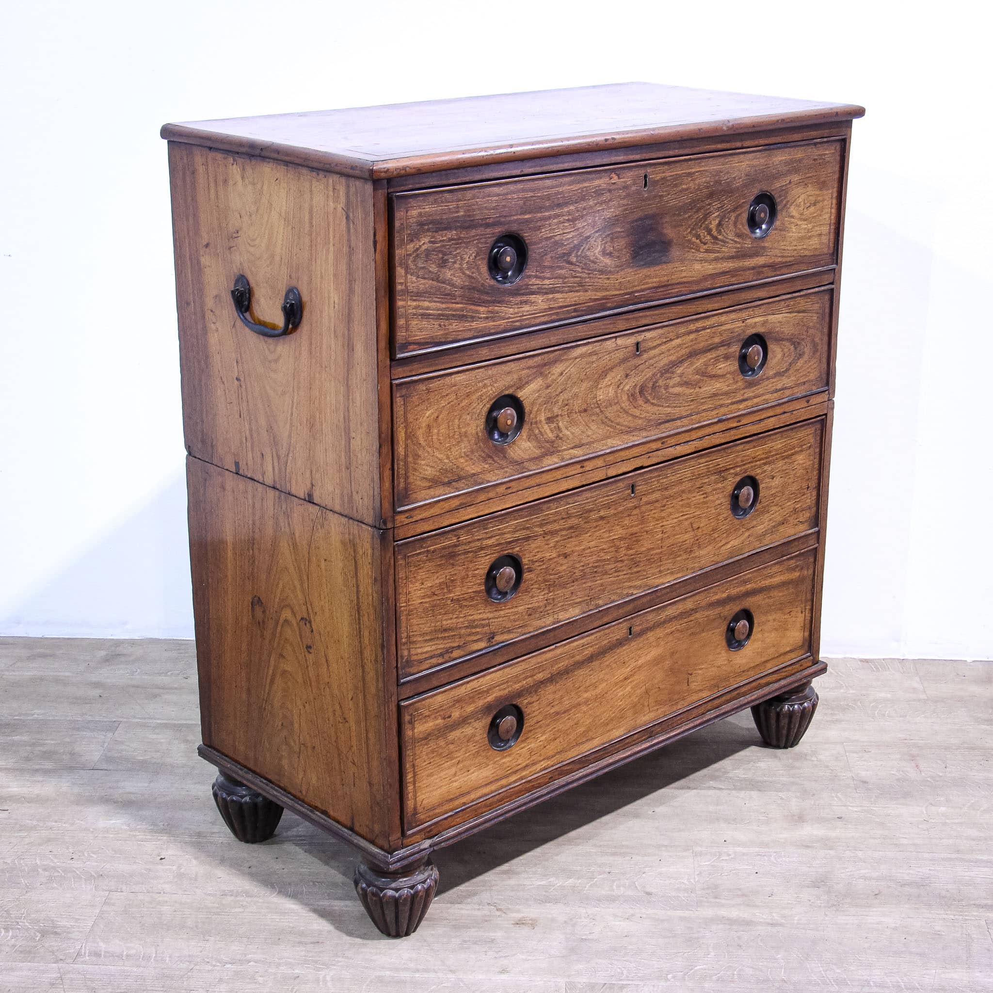 Anglo-Chinese Padouk Secretaire Chest of Campaign Construction