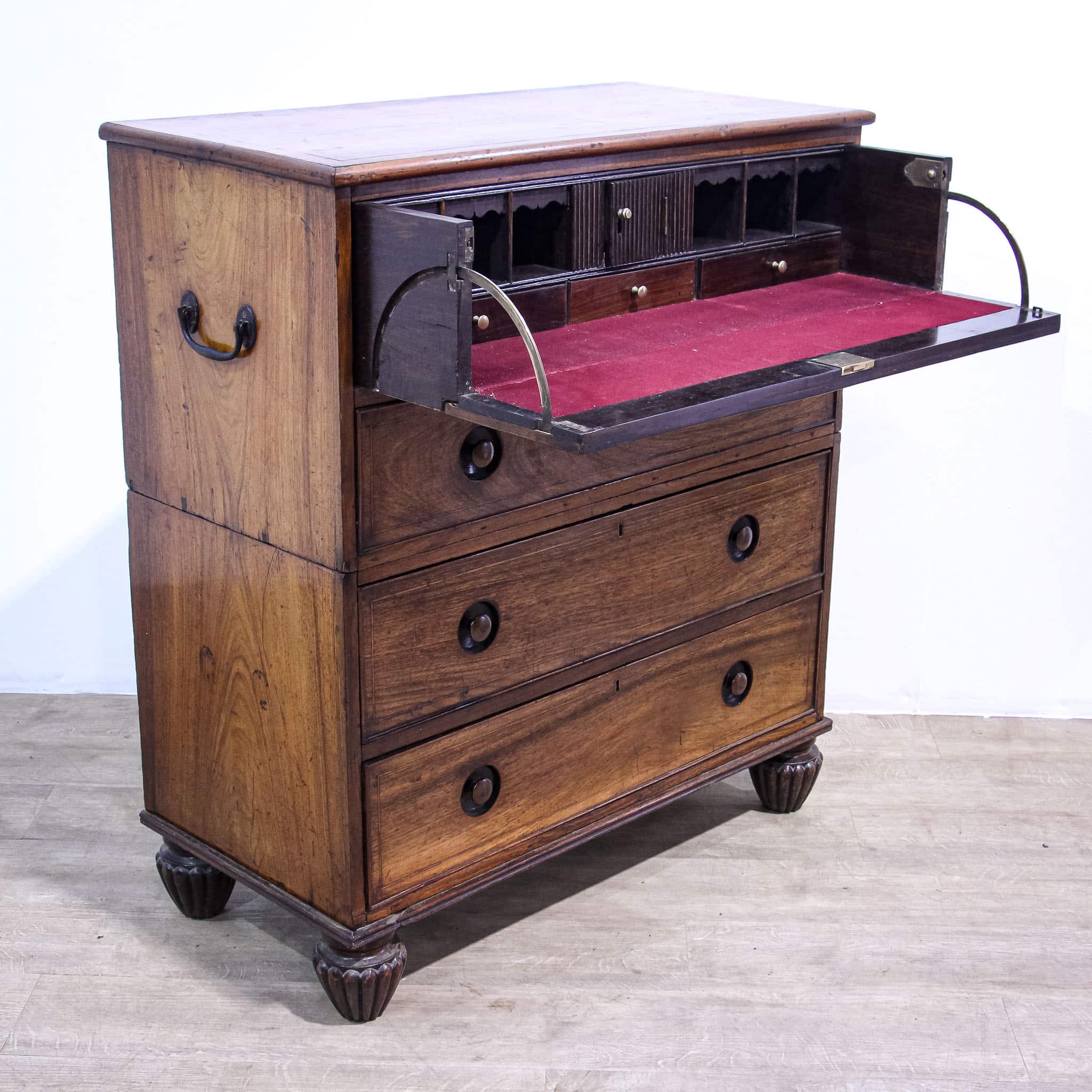 Anglo-Chinese Padouk Secretaire Chest of Campaign Construction