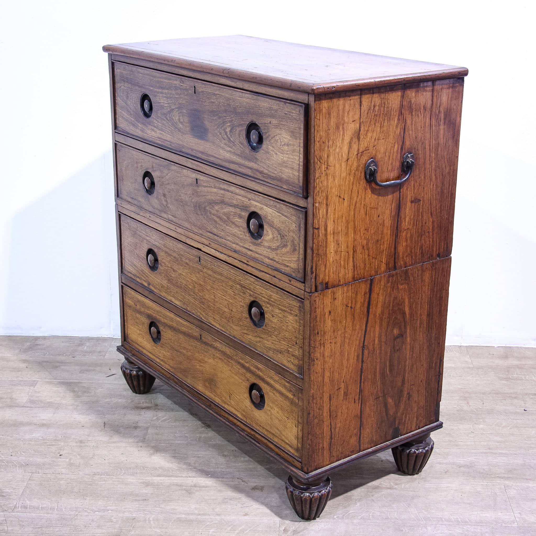 Anglo-Chinese Padouk Secretaire Chest of Campaign Construction