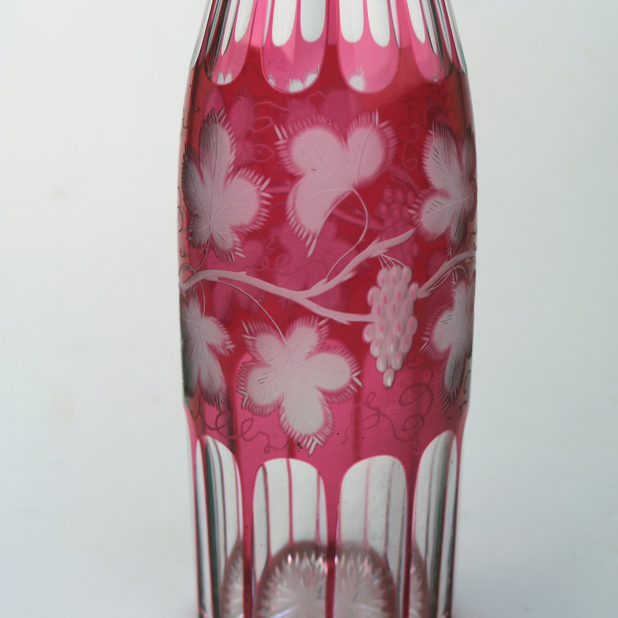 A good antique Bohemian cranberry flashed glass wheel etched Decanter C.19thC