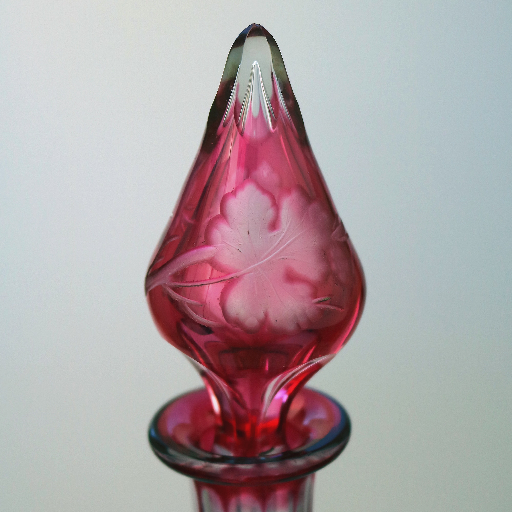 A good antique Bohemian cranberry flashed glass wheel etched Decanter C.19thC