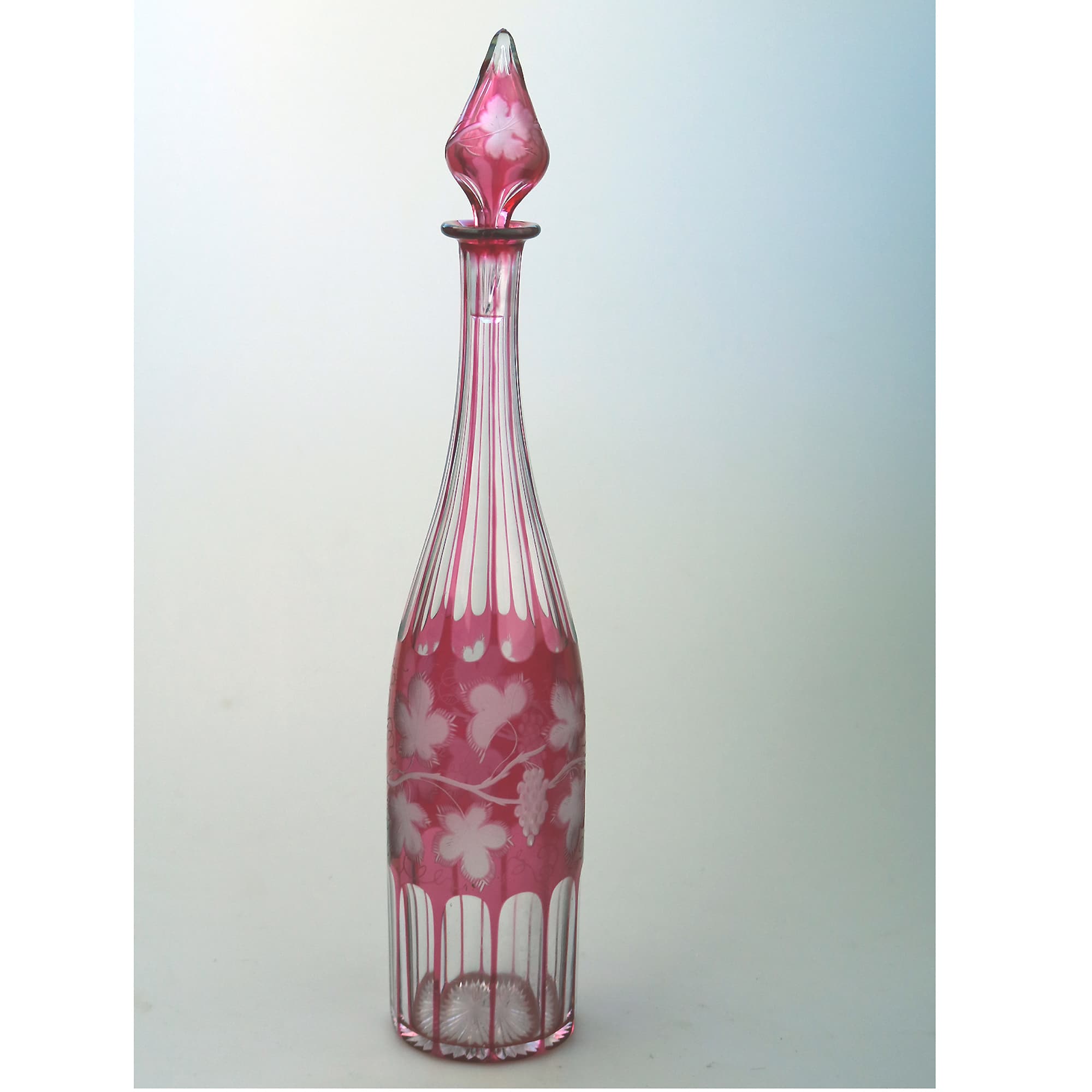 A good antique Bohemian cranberry flashed glass wheel etched Decanter C.19thC