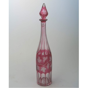 A good antique Bohemian cranberry flashed glass wheel etched Decanter C.19thC