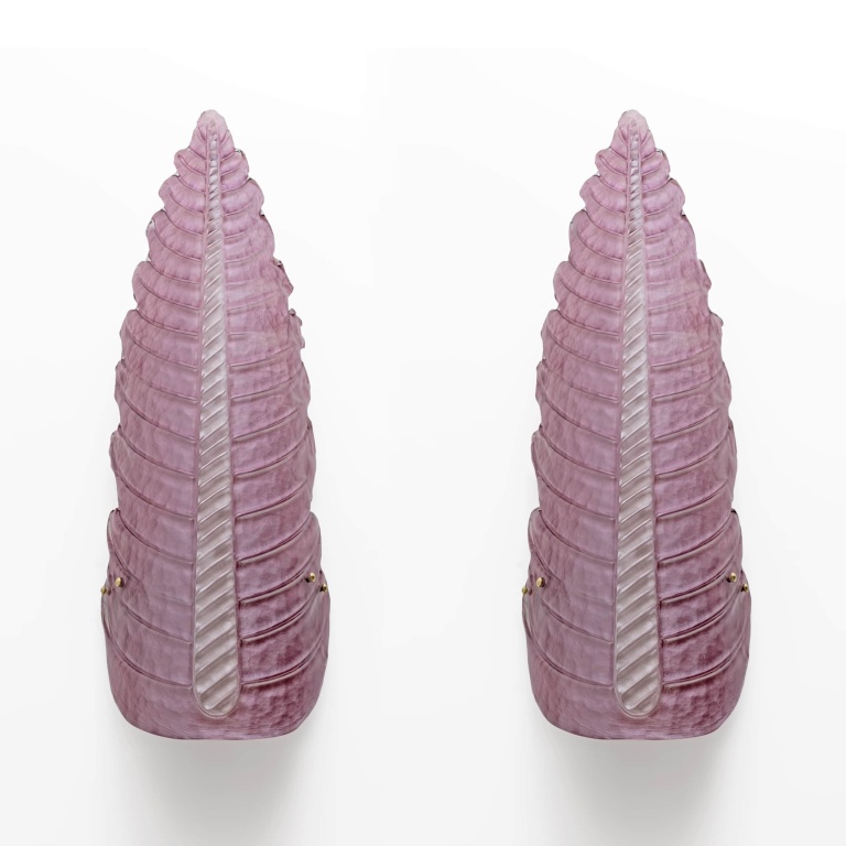 Pair of Mid-Century Modern Murano Glass Amethyst Pink Big Leafs Sconces