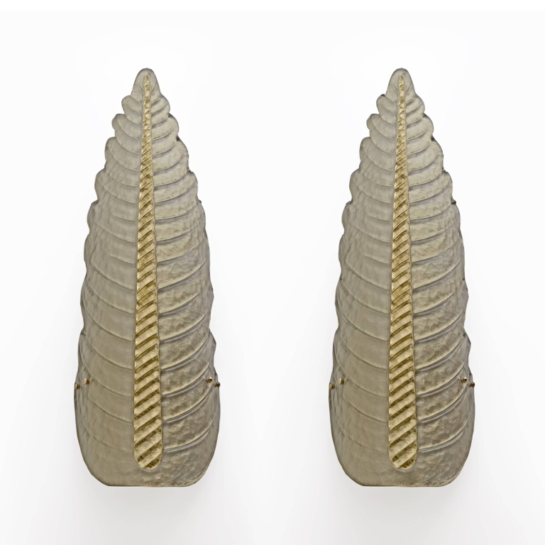 Pair of Mid-Century Modern Murano Glass Gold Yellow Big Leafs Sconces