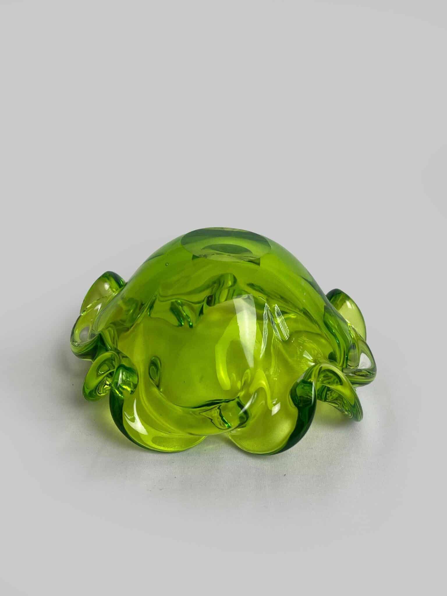 Czech Art Glass Factory Chribska By Josef Hospodka, Czechoslovakia 60s Sklo Union, Bright Green Organic Form Bowl, Mid Century Glass.