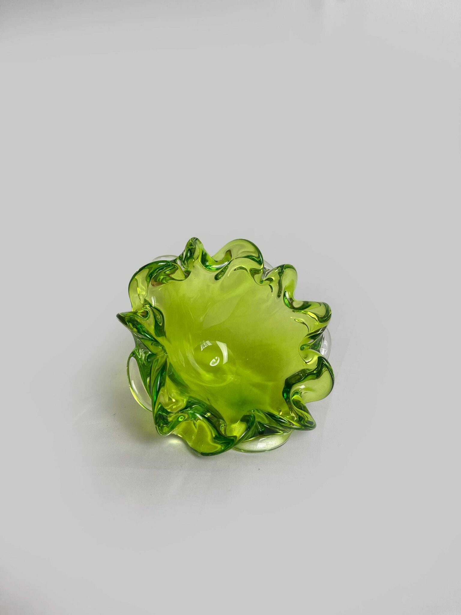 Czech Art Glass Factory Chribska By Josef Hospodka, Czechoslovakia 60s Sklo Union, Bright Green Organic Form Bowl, Mid Century Glass.
