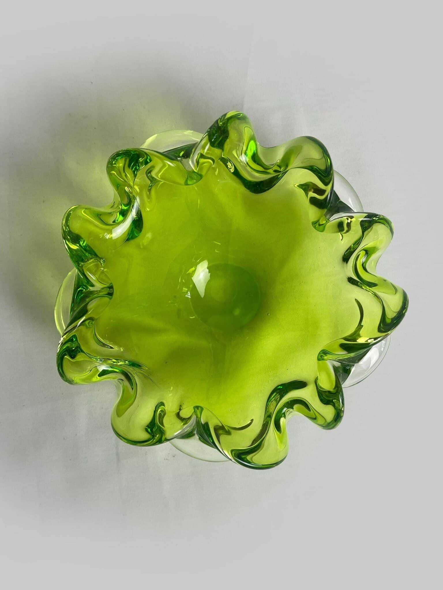 Czech Art Glass Factory Chribska By Josef Hospodka, Czechoslovakia 60s Sklo Union, Bright Green Organic Form Bowl, Mid Century Glass.