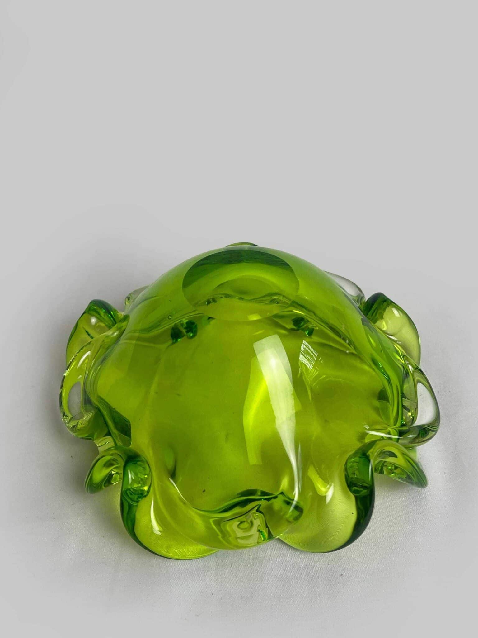 Czech Art Glass Factory Chribska By Josef Hospodka, Czechoslovakia 60s Sklo Union, Bright Green Organic Form Bowl, Mid Century Glass.