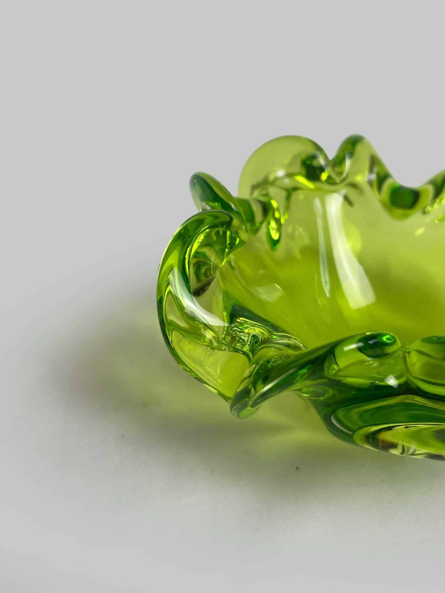 Czech Art Glass Factory Chribska By Josef Hospodka, Czechoslovakia 60s Sklo Union, Bright Green Organic Form Bowl, Mid Century Glass.