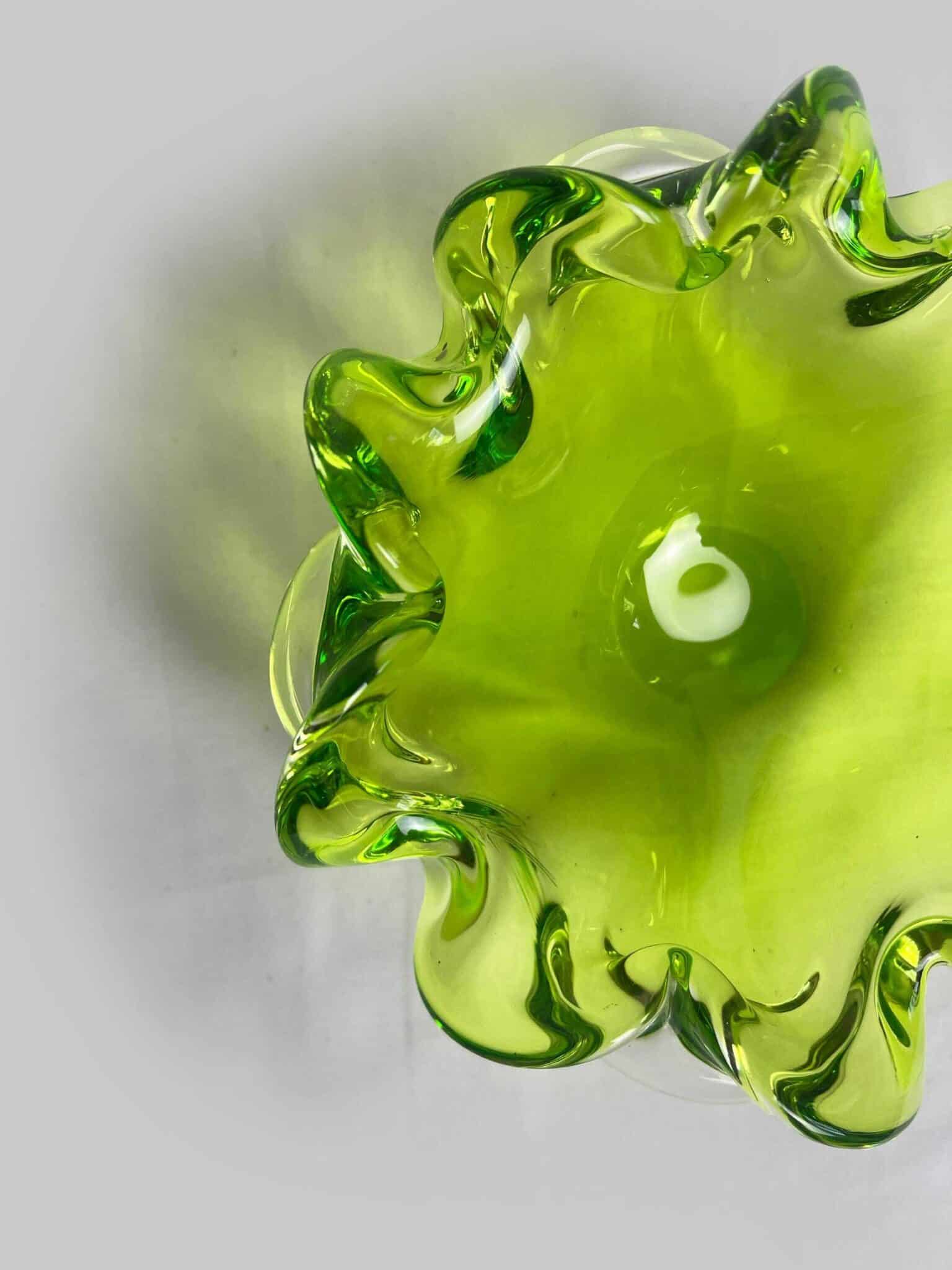 Czech Art Glass Factory Chribska By Josef Hospodka, Czechoslovakia 60s Sklo Union, Bright Green Organic Form Bowl, Mid Century Glass.