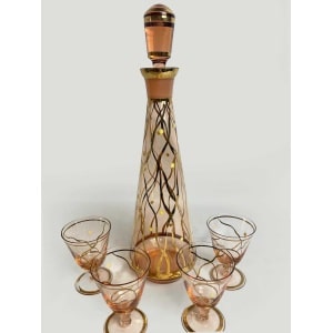 Beautiful Vintage Rose Gold Glass Decanter With Four Aperitif Glasses. Circa 1930's Decanter, Hand Painted, Exceptional Vintage Condition.