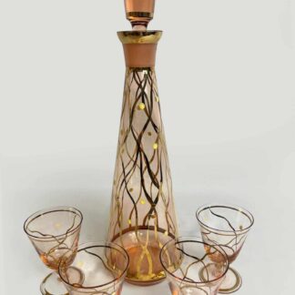 Beautiful Vintage Rose Gold Glass Decanter With Four Aperitif Glasses. Circa 1930's Decanter, Hand Painted, Exceptional Vintage Condition.