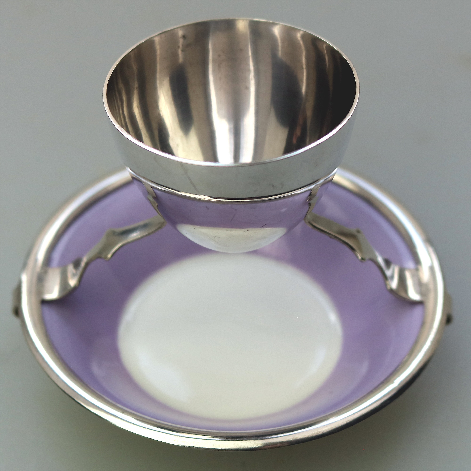 A Christopher Dresser antique novelty Egg Cup & Saucer by Hukin & Heath C.1900's