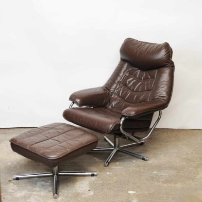 Mid Century Scandinavian Lounge Chair With Footstool In Brown Leather By Skoghaus Industri, 1960s - Image 4