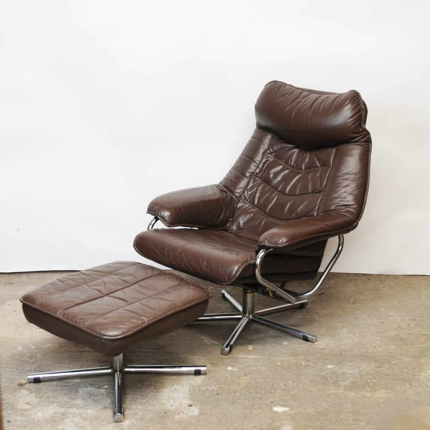 Mid Century Scandinavian Lounge Chair With Footstool In Brown Leather By Skoghaus Industri, 1960s