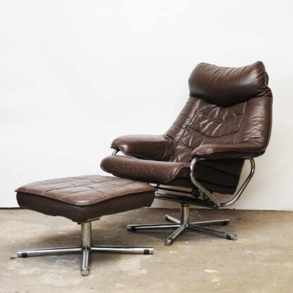 Mid Century Scandinavian Lounge Chair With Footstool In Brown Leather By Skoghaus Industri, 1960s - Image 3
