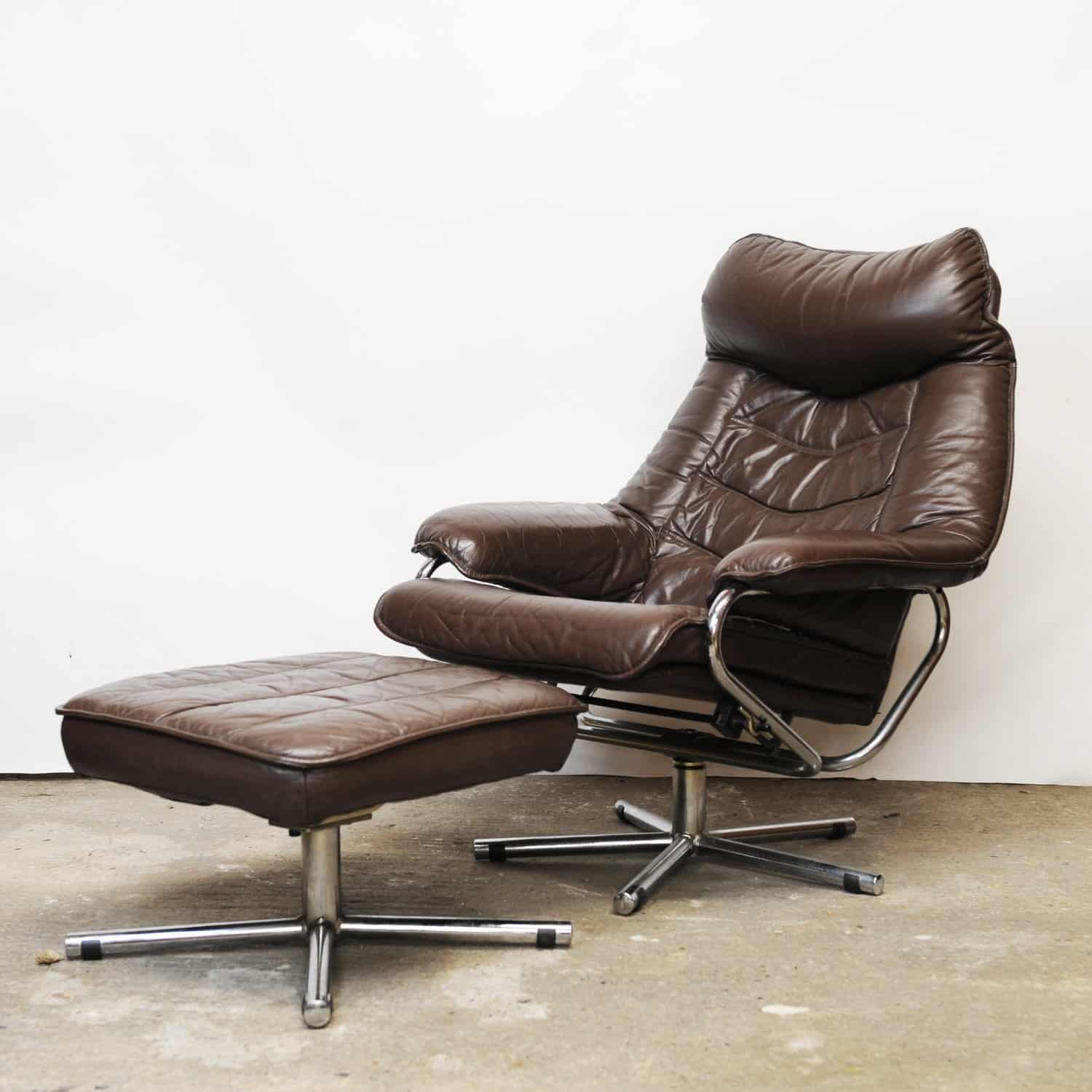 Mid Century Scandinavian Lounge Chair With Footstool In Brown Leather By Skoghaus Industri, 1960s