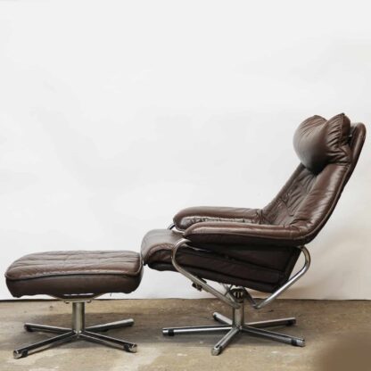 Mid Century Scandinavian Lounge Chair With Footstool In Brown Leather By Skoghaus Industri, 1960s - Image 6