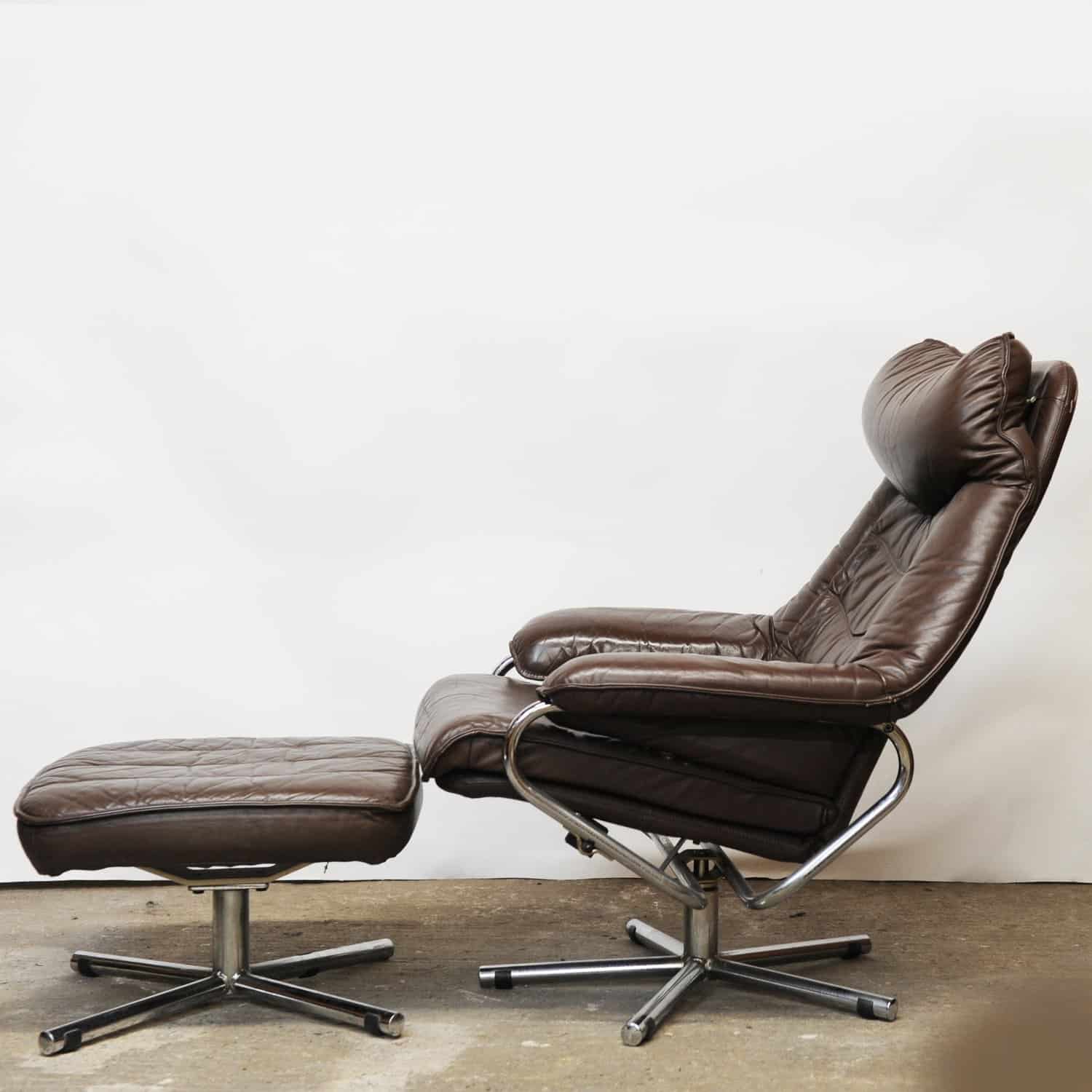 Mid Century Scandinavian Lounge Chair With Footstool In Brown Leather By Skoghaus Industri, 1960s