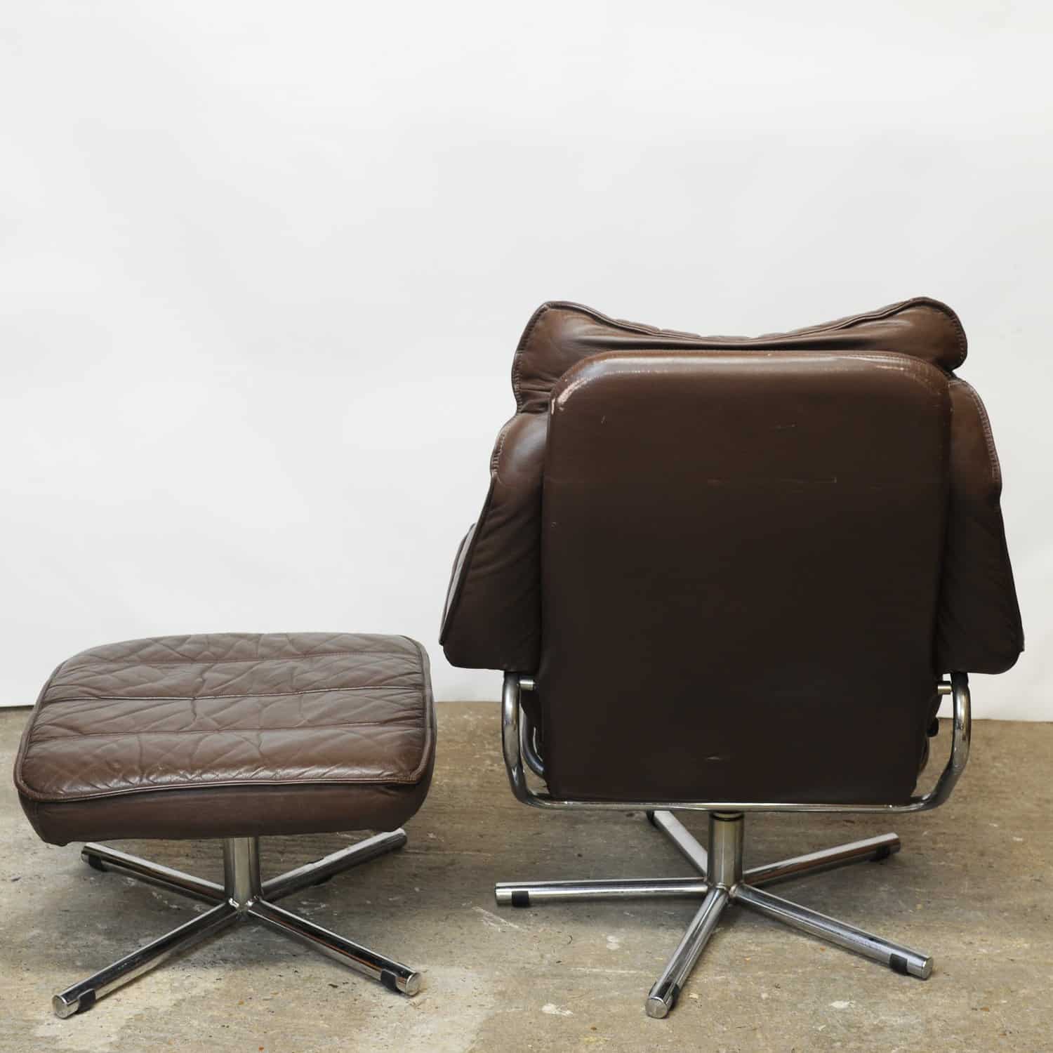 Mid Century Scandinavian Lounge Chair With Footstool In Brown Leather By Skoghaus Industri, 1960s