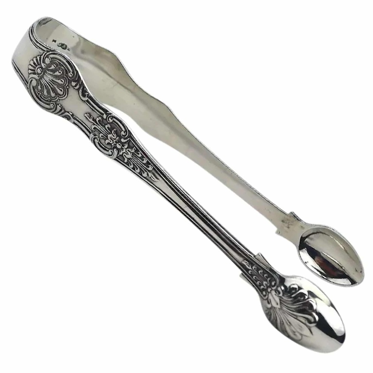 A very heavy antique Victorian English solid silver Kings Sugar Tongs 61g C.1873