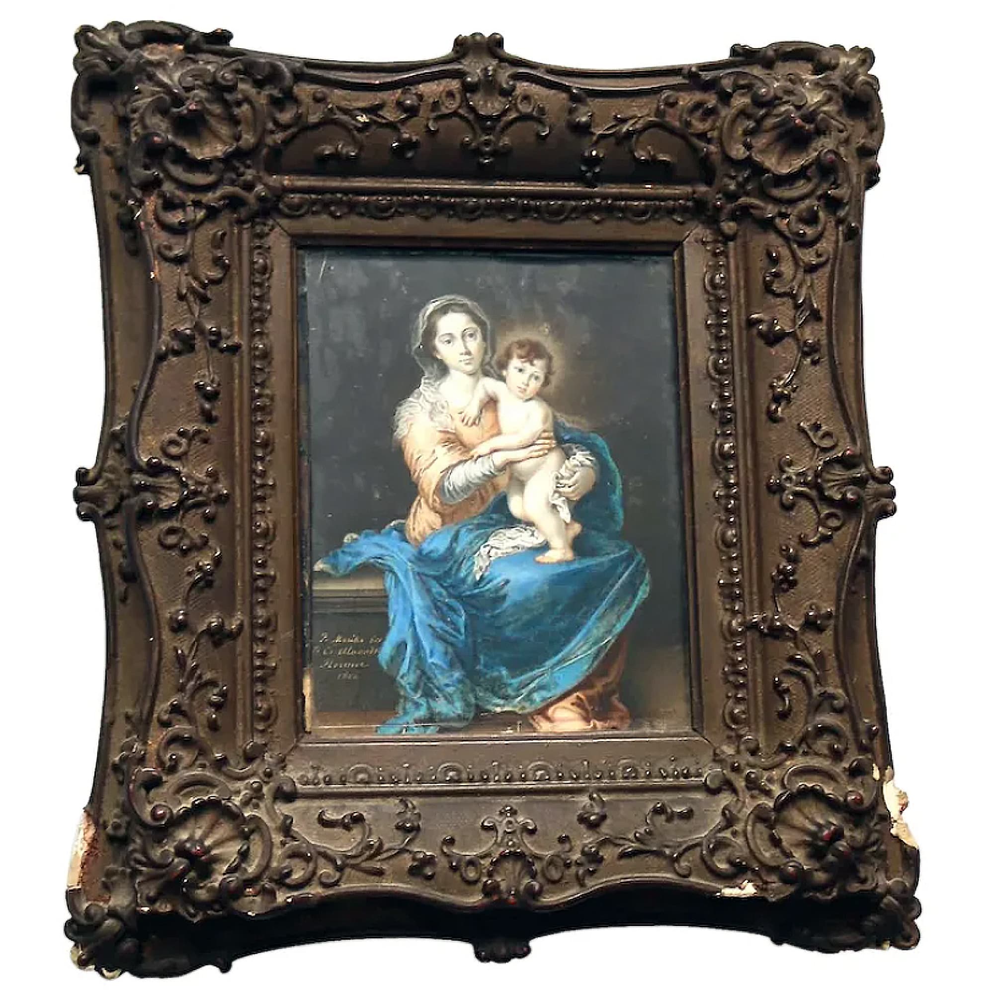 A fine antique Florence Grand Tour Portrait Miniature Madonna oil after Murillo C.19thC