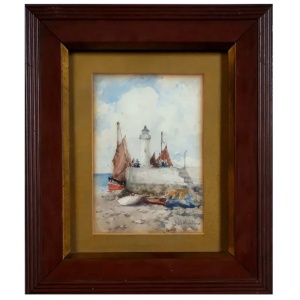 Antique Eduardo de Martino Lighthouse Coast watercolour - Balmoral Estate C.1904