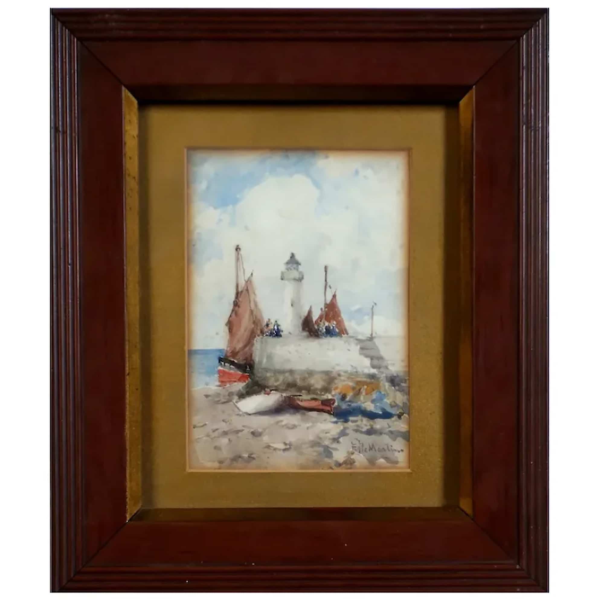 Antique Eduardo de Martino Lighthouse Coast watercolour - Balmoral Estate C.1904