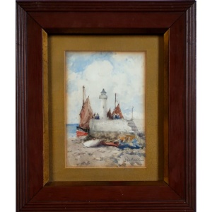 Antique Eduardo de Martino Lighthouse Coast watercolour - Balmoral Estate C.1904