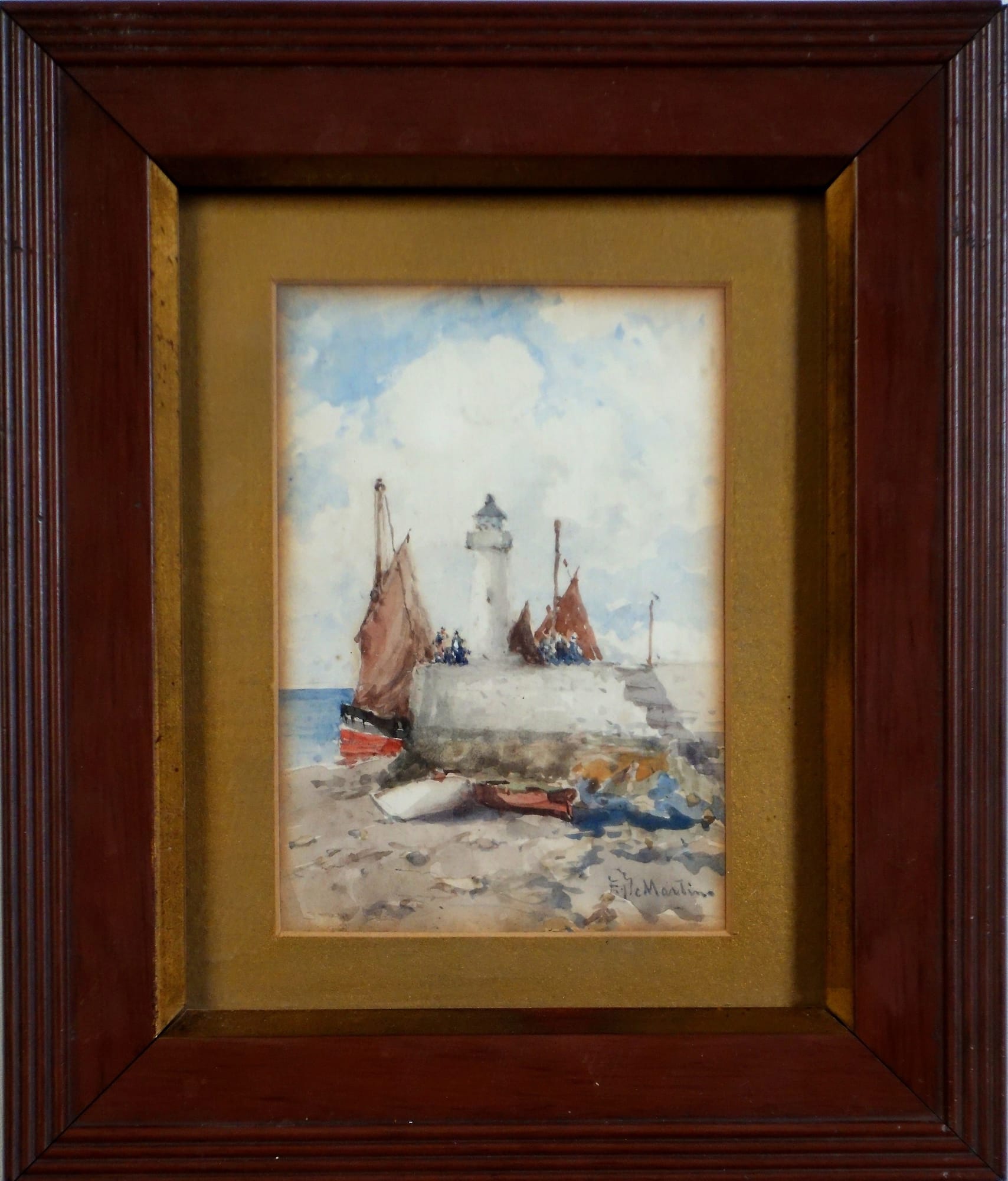 Antique Eduardo de Martino Lighthouse Coast watercolour - Balmoral Estate C.1904