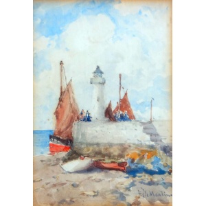 Antique Eduardo de Martino Lighthouse Coast watercolour - Balmoral Estate C.1904