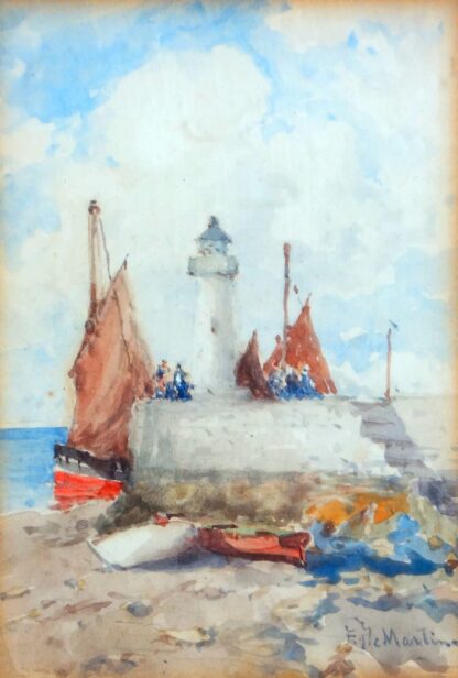 Antique Eduardo de Martino Lighthouse Coast watercolour - Balmoral Estate C.1904 - Image 3