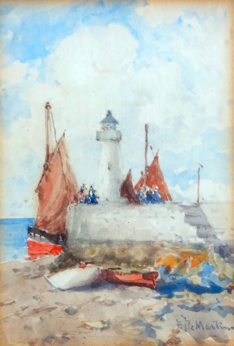 Antique Eduardo de Martino Lighthouse Coast watercolour - Balmoral Estate C.1904