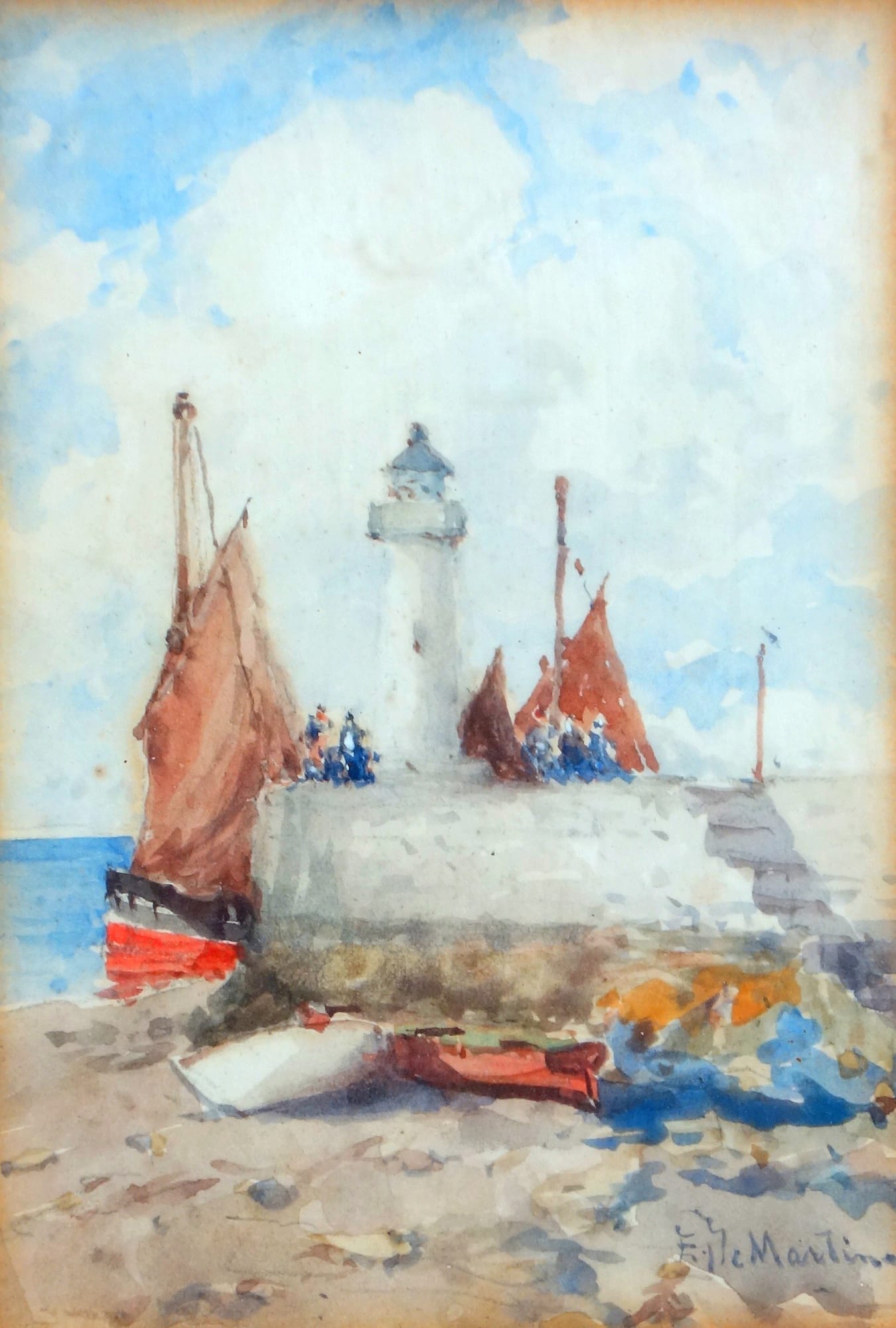 Antique Eduardo de Martino Lighthouse Coast watercolour - Balmoral Estate C.1904