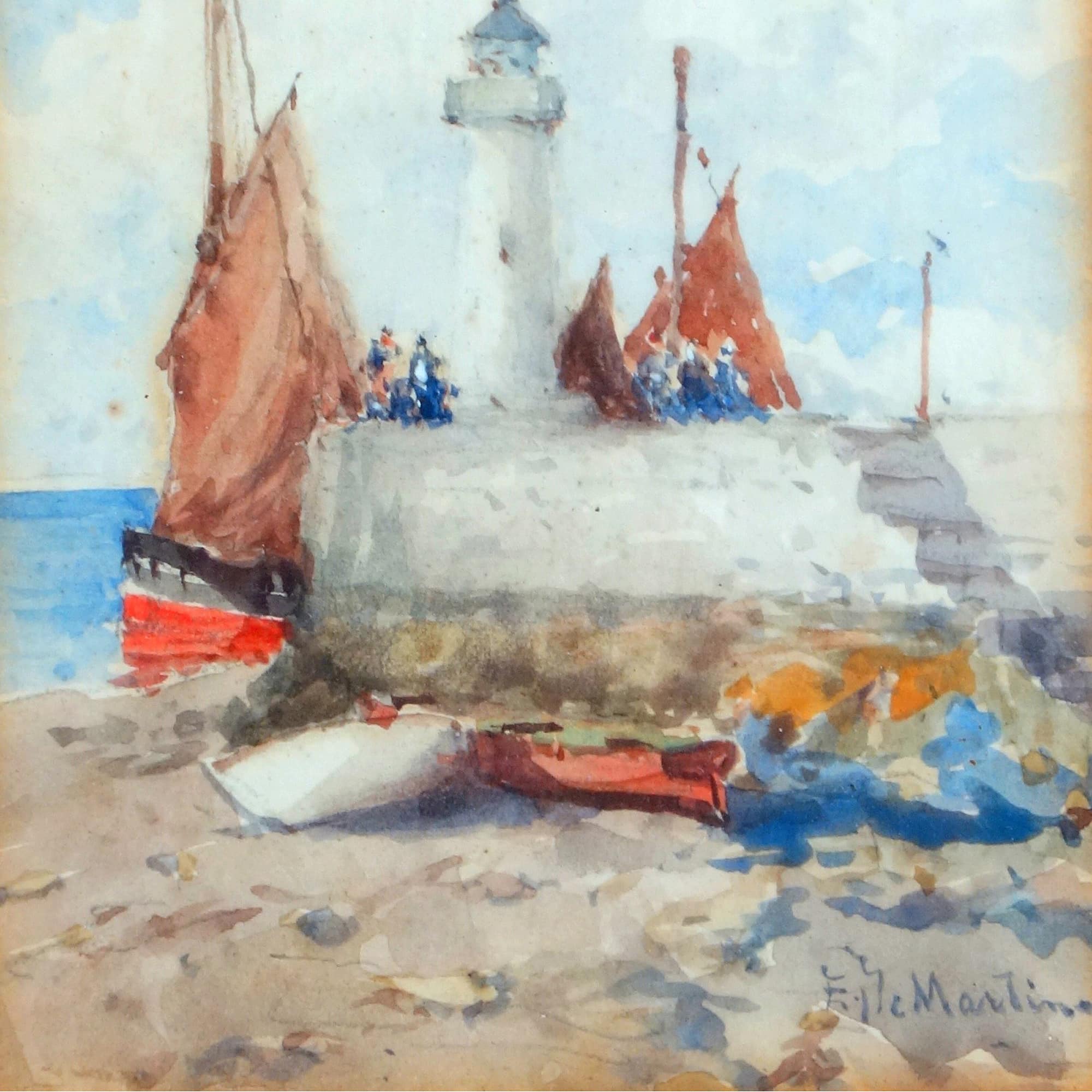 Antique Eduardo de Martino Lighthouse Coast watercolour - Balmoral Estate C.1904