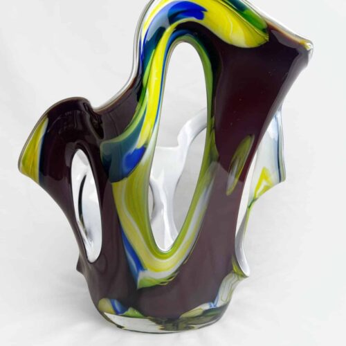 Makora Krosno Glass Vase Hand Made In Poland, Vintage Polish Art Glass, Mid Century Glass Sculpture Bowl, Multi Coloured Free Form Glass.