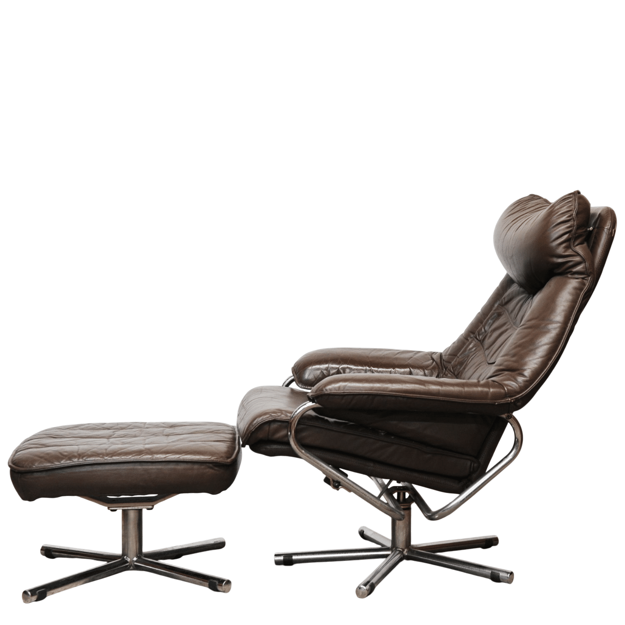 Mid Century Scandinavian Lounge Chair With Footstool In Brown Leather By Skoghaus Industri, 1960s