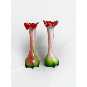 Pair Of Vintage Mid Century Murano Cased 'Jack In The Pulpit' Orchid Vases, Retro Murano Vases, Italian Glass Vases, Circa 1960