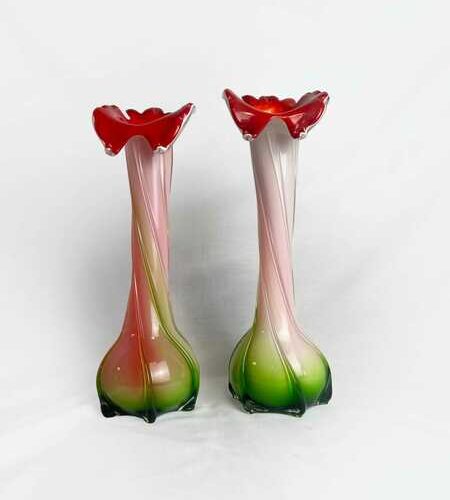 Pair Of Vintage Mid Century Murano Cased 'Jack In The Pulpit' Orchid Vases, Retro Murano Vases, Italian Glass Vases, Circa 1960