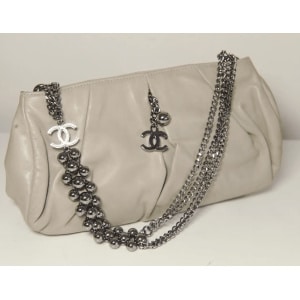 Chanel Grey Lambskin Pleated Hand Bag With Ruthenium-Finish Chain Link Straps