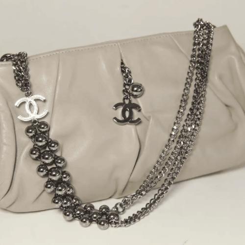 Chanel Grey Lambskin Pleated Hand Bag With Ruthenium-Finish Chain Link Straps