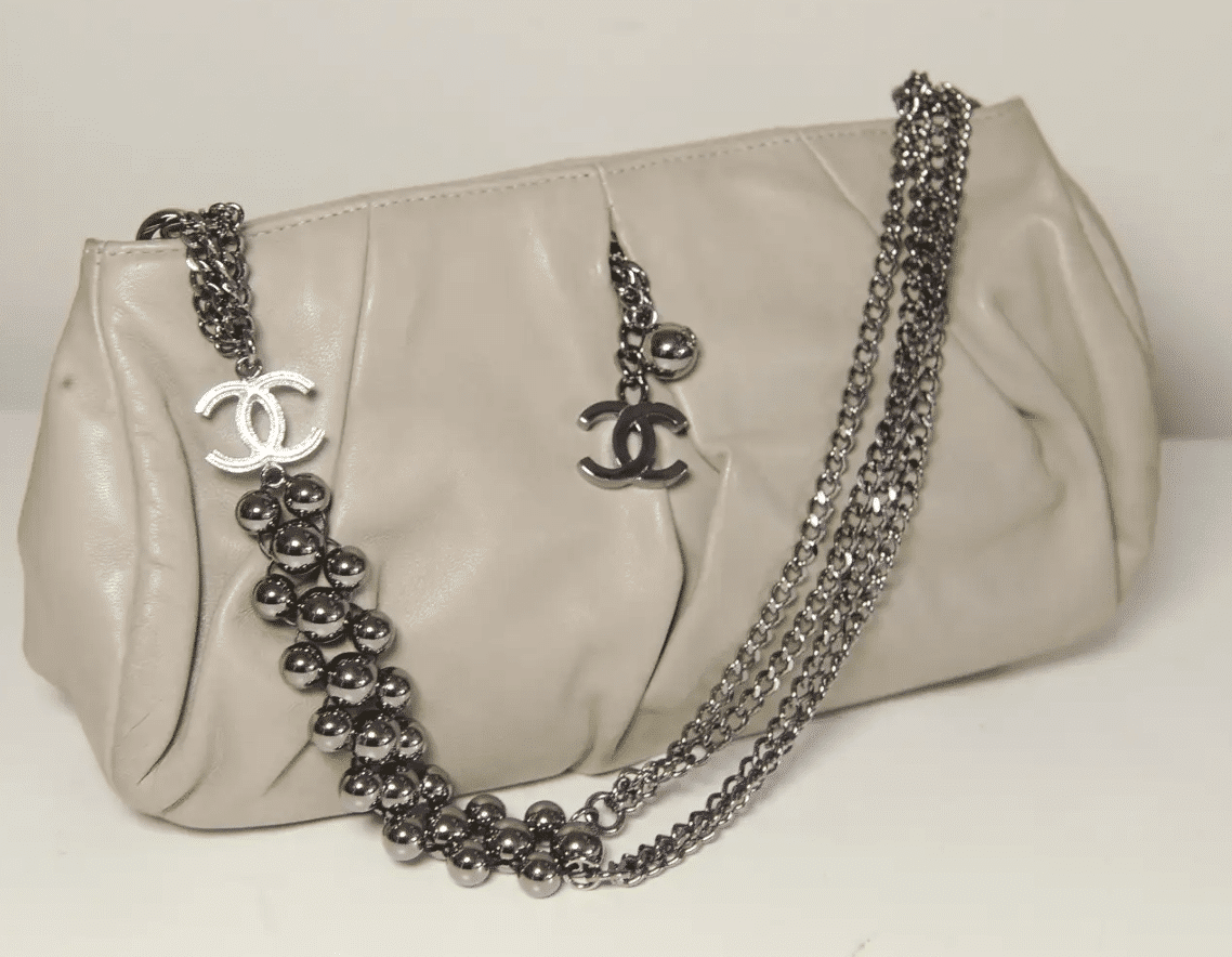 Chanel Grey Lambskin Pleated Hand Bag With Ruthenium-Finish Chain Link Straps