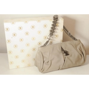 Chanel Grey Lambskin Pleated Hand Bag With Ruthenium-Finish Chain Link Straps