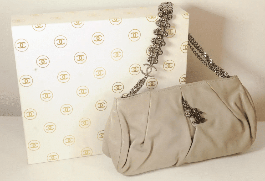 Chanel Grey Lambskin Pleated Hand Bag With Ruthenium-Finish Chain Link Straps