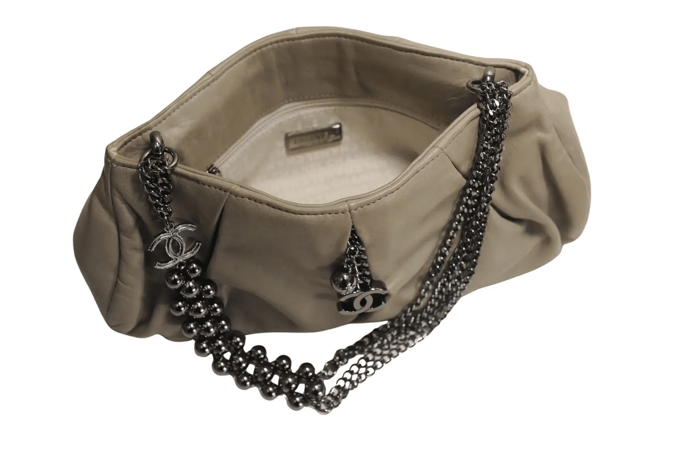 Chanel Grey Lambskin Pleated Hand Bag With Ruthenium-Finish Chain Link Straps